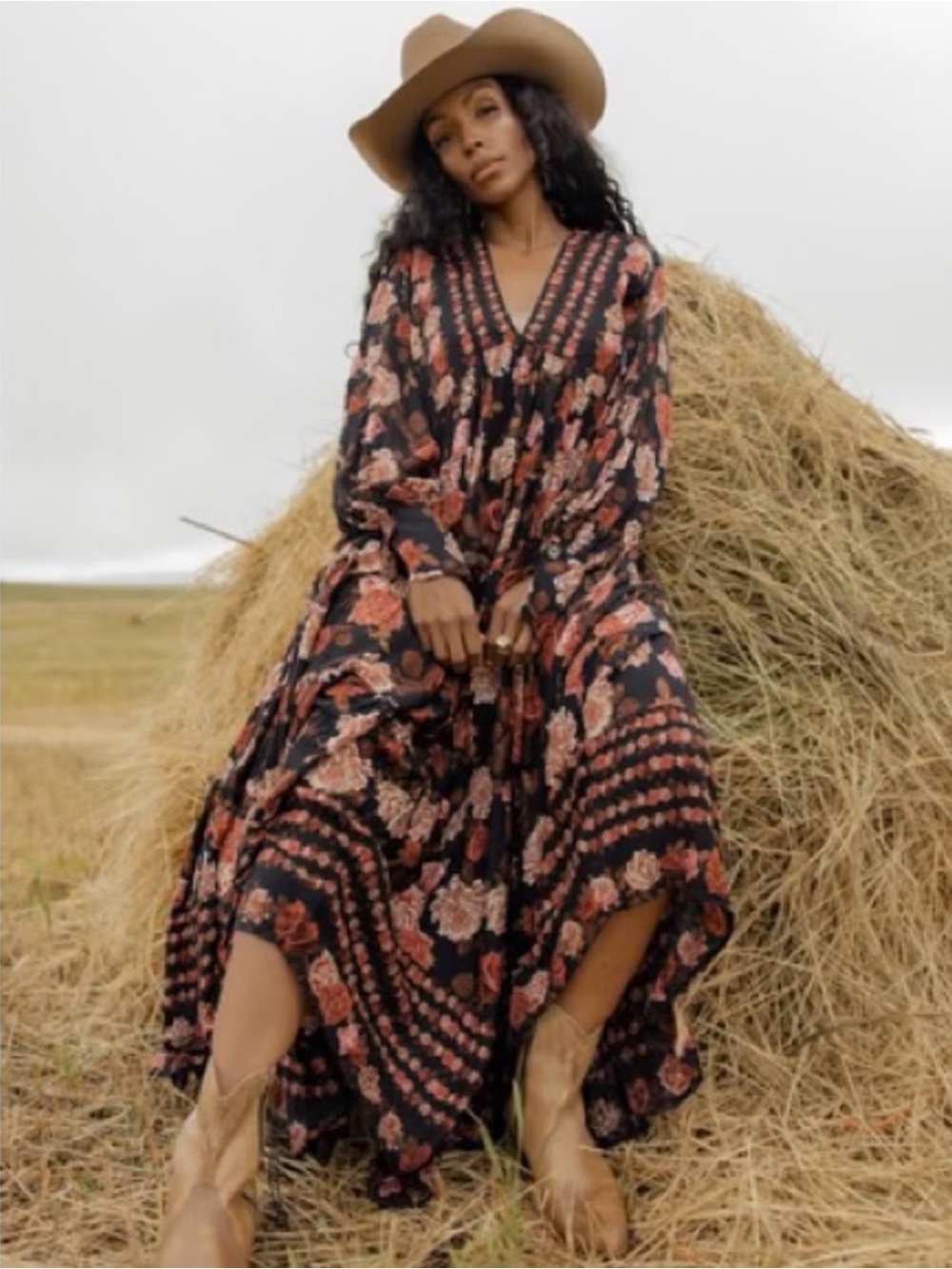 Free People Rows Of Roses Womens S Black Floral Long Sleeve Maxi Cottage Dress